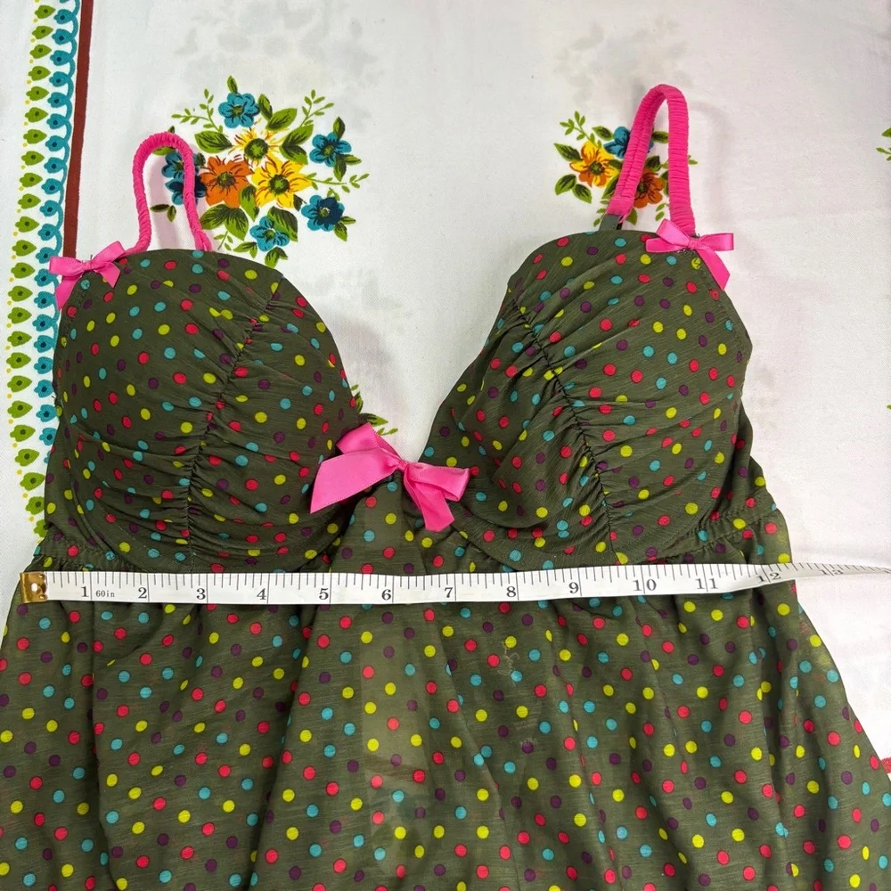 La SENZA sz M Green & Multicolour Polka Dot Chemise with Pink Straps & Bow - Picture 7 of 9